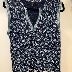 Lucky Brand Navy and White Floral Smocked V-Neck Tank